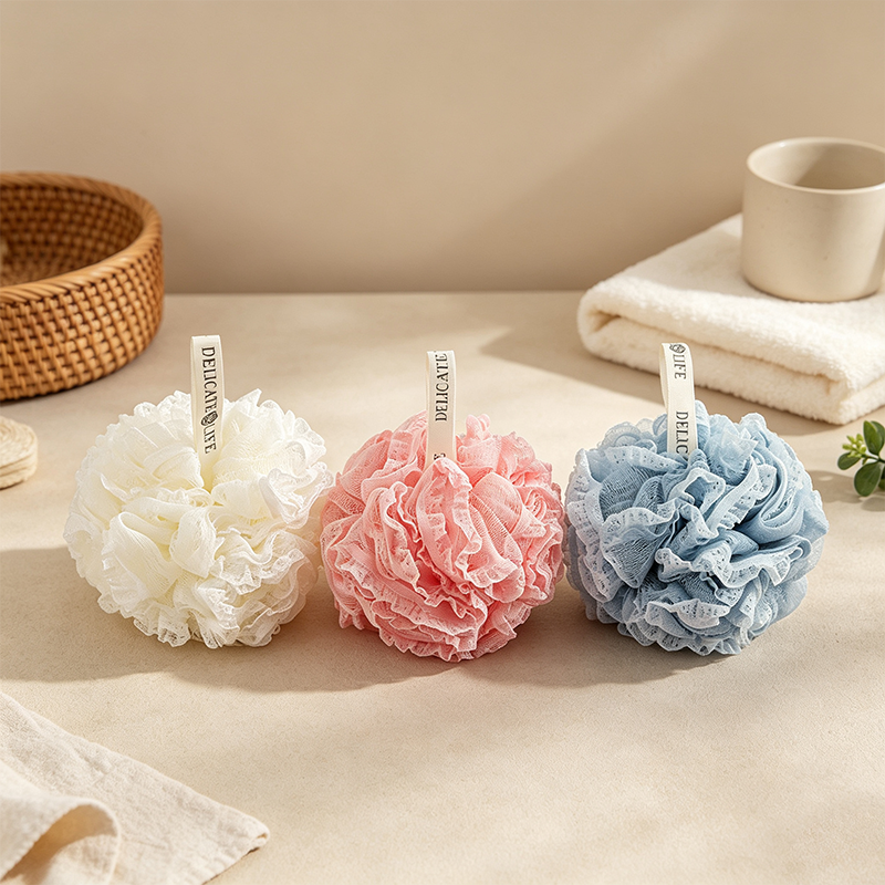 CouldNook Scalloped Mesh Bath Pouf - Soft Flower Layers