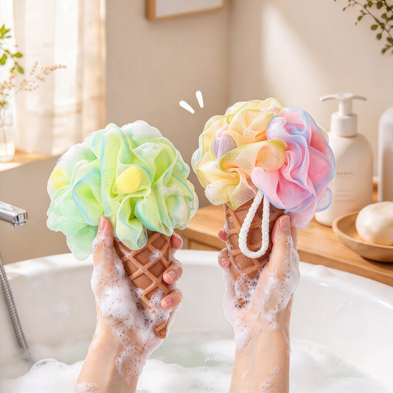 CouldNook Ice-Cream Bath Pouf - Pastel Mesh Scoop and Textured Cone