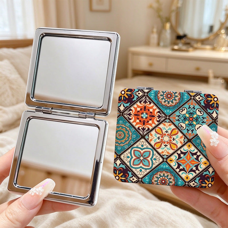 Boho Tile Print Compact Mirror with Folding Case