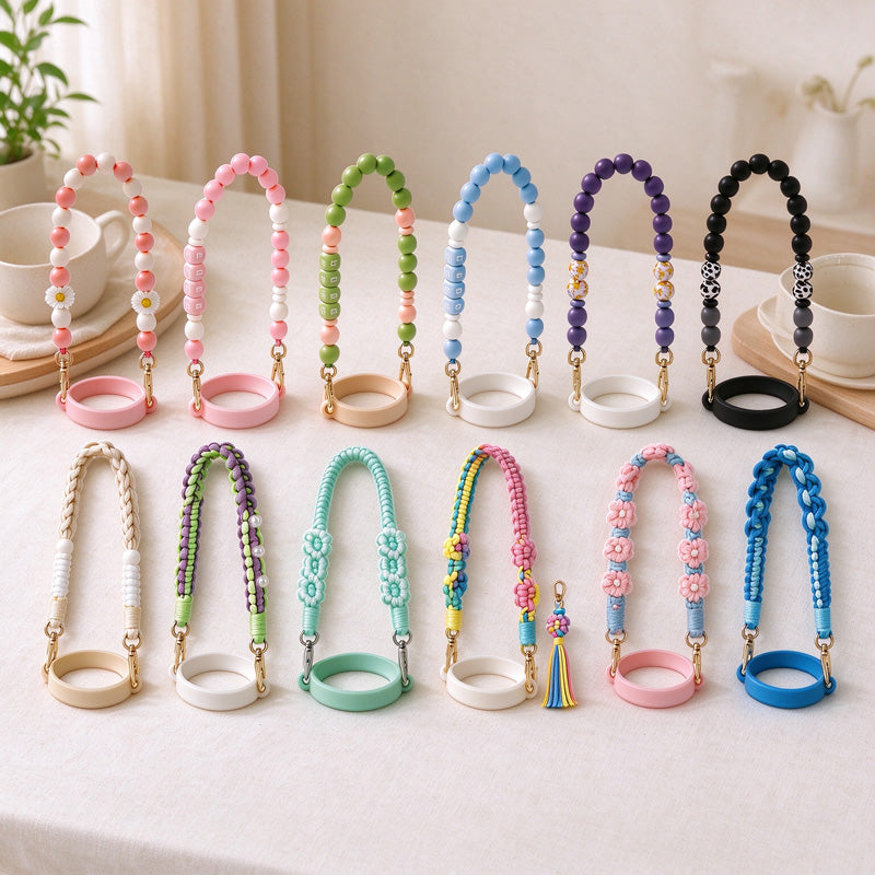 Water Bottle Carry Strap with Beads or Woven Flowers