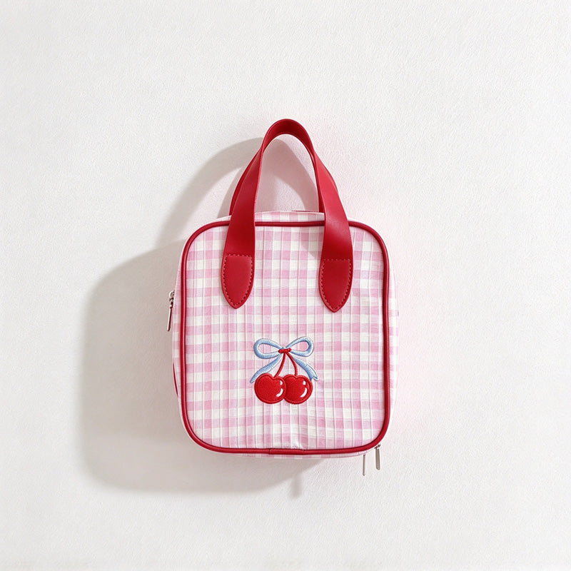CouldNook Pink Gingham Makeup Bag - Cherry Motif And Red Handles