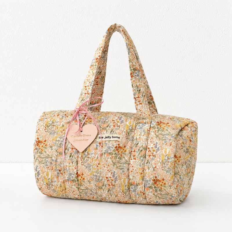 CouldNook Quilted Floral Duffel Bag - Cylindrical Shape and Long Handles