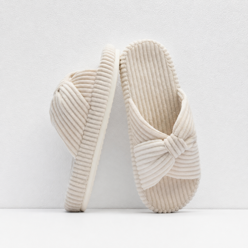 CouldNook Bow Cross Strap Slipper - Corduroy Open Toe Design