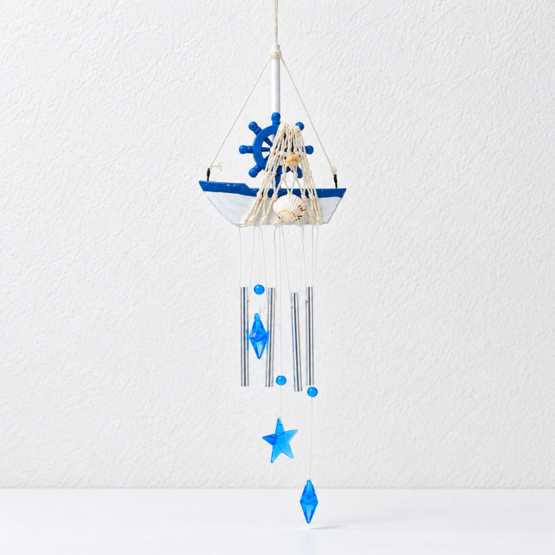 CouldNook Nautical Sailboat Wind Chime - Hanging Tubes And Blue Charms