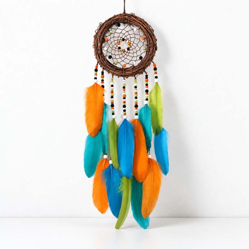 CouldNook Colorful Feather Dreamcatcher - Vine Hoop And Layered Beaded Strands