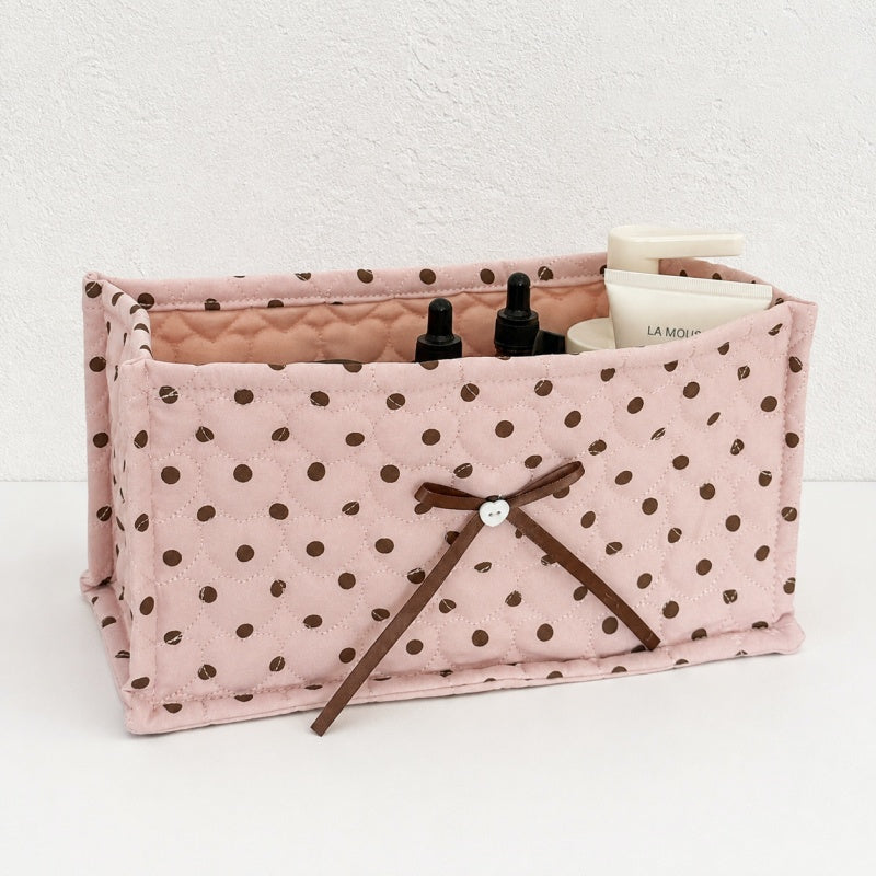 CouldNook Polka Dot Quilted Storage Bin Rectangular Bow‑Decorated Desktop Organizer