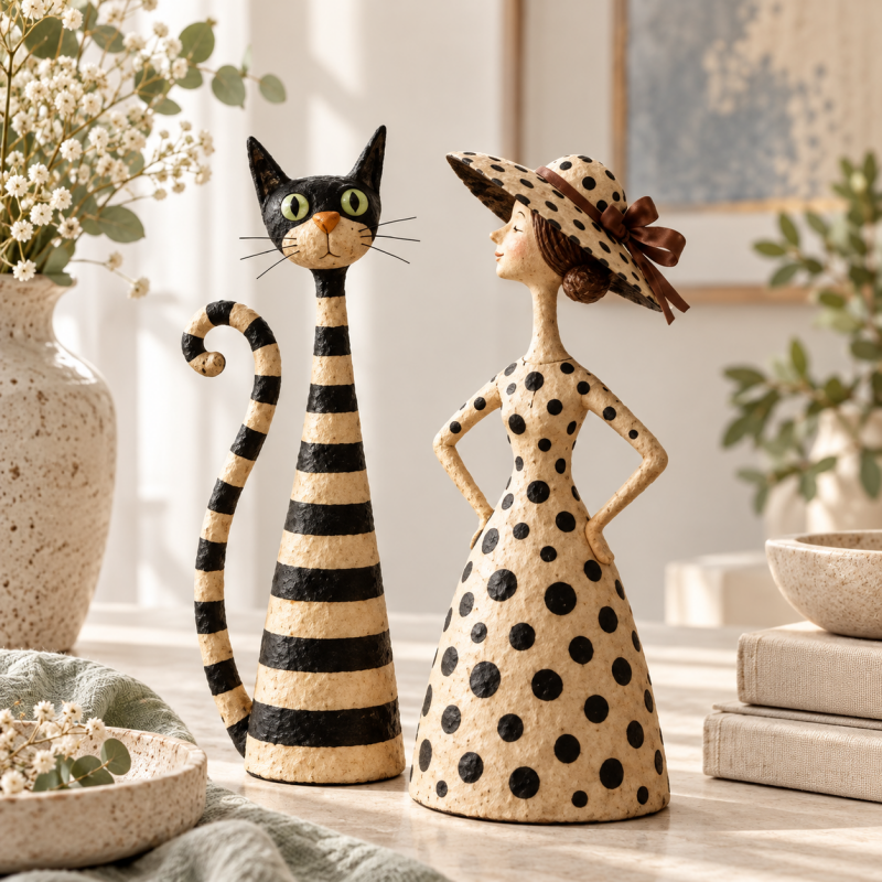 Cat or Lady Figurine - Stripes and Polka Dot Details