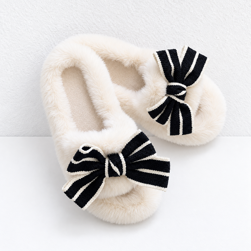 CouldNook Plush Bow Slippers - Cream and Black Options