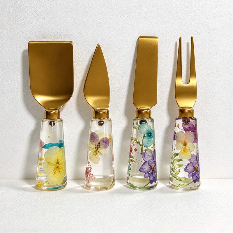 CouldNook Floral Cheese Serving Utensils - Clear Resin Handles and Shaped Heads