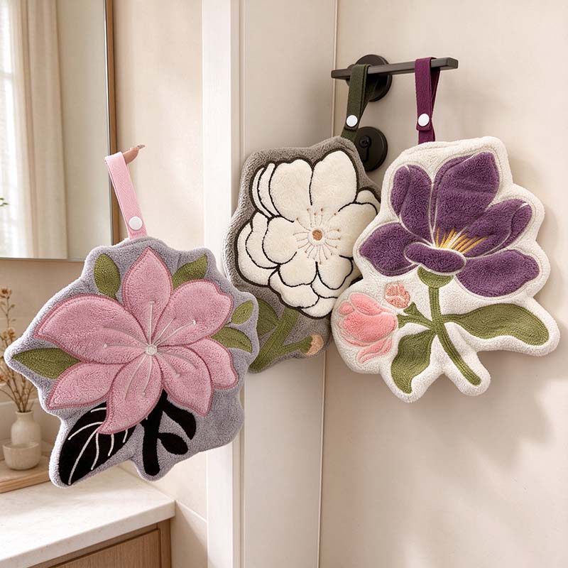 CouldNook Floral Hanging Hand Towel - Embroidered Blooms And Snap Strap