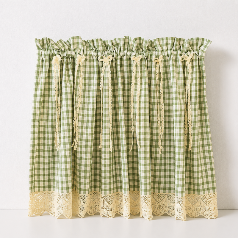 CouldNook Gingham Cabinet Curtain - Lace Trim and Ties