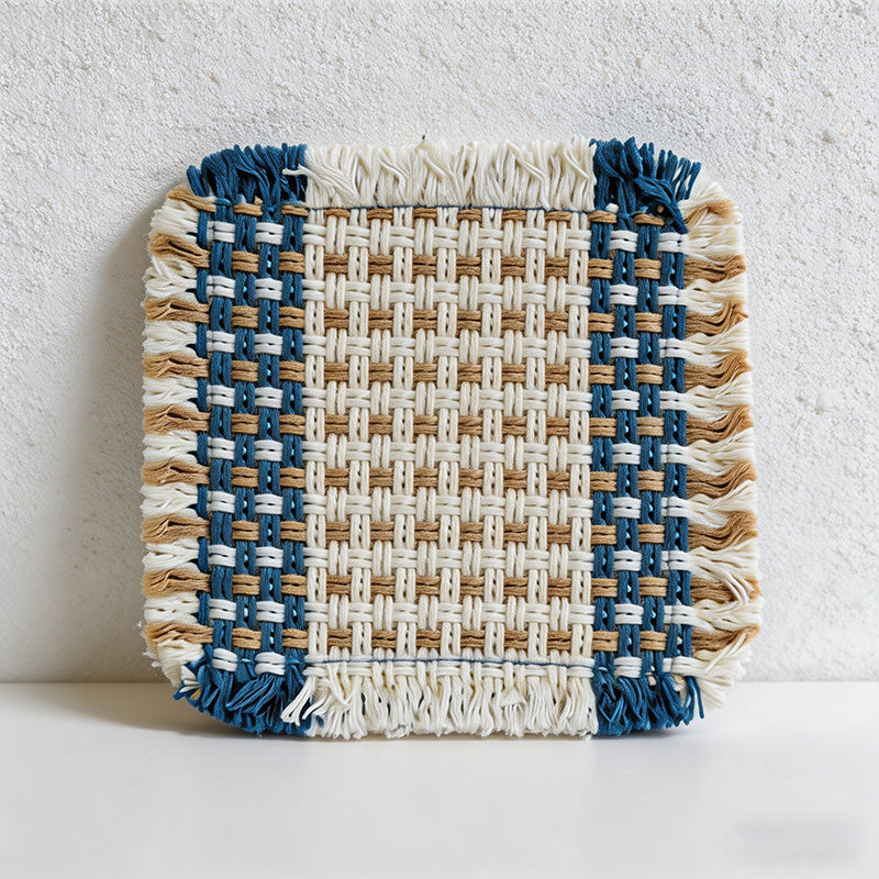 CouldNook Boho Hand-Woven Fringe Coaster - Chunky Checkered Cotton Mug Mat