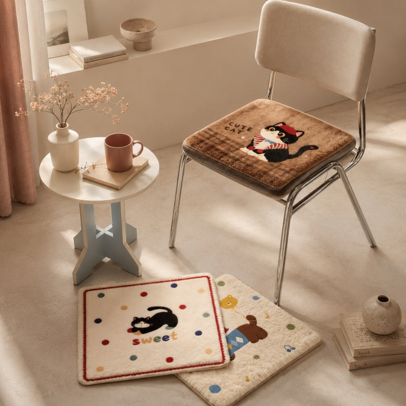 CouldNook Cartoon Cat Fleece Square Seat Chair Cushion- Non-Slip Winter Chair Pad