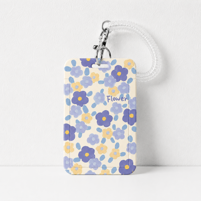 Cute Oil Painting Flower Card Holder with Keychain/Lanyard, Cartoon ID Card Case for Students & Kids