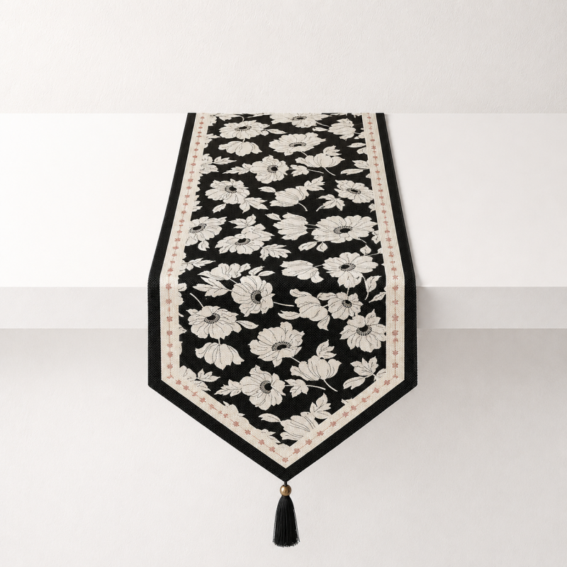 CouldNook Black White Floral Faux Linen Tassel Table Runner - Warm Minimalist Home Decor