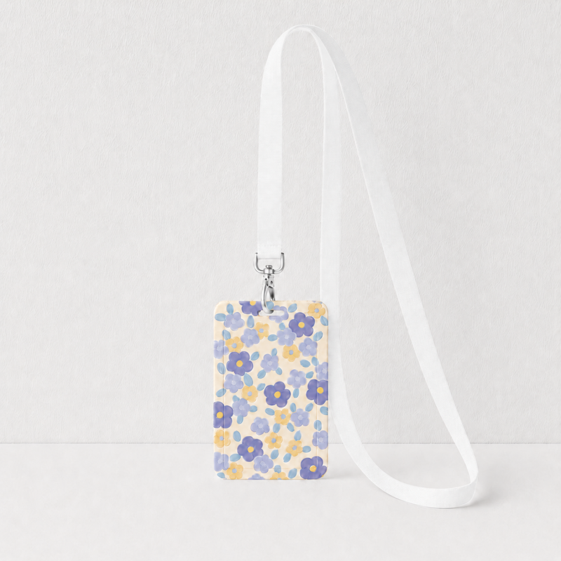 Cute Oil Painting Flower Card Holder with Keychain/Lanyard, Cartoon ID Card Case for Students & Kids