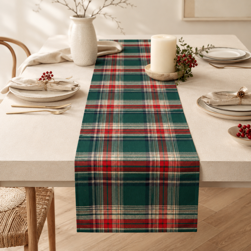 CouldNook Festive Plaid Table Runner - Classic Red & Green Party Decor