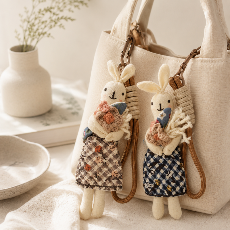 CouldNook Bunny Doll Fabric Charm - Aesthetic Artisan Bag Pendant