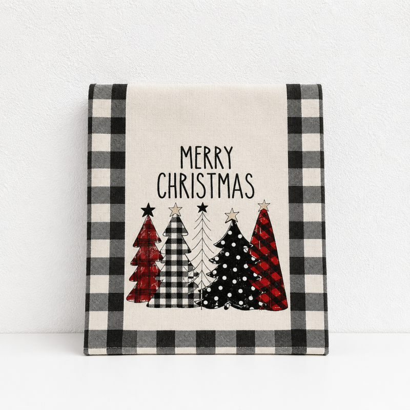 CouldNook Merry Christmas Tree Buffalo Plaid Table Runner - Holiday Decor