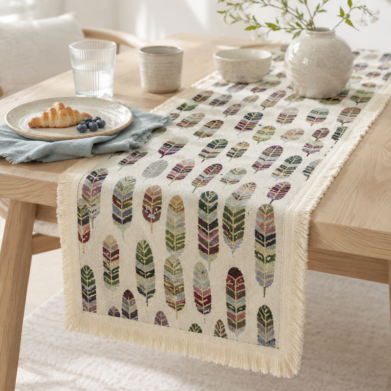 CouldNook French Feather Pattern Table Runner - Elegant Tassel Decor