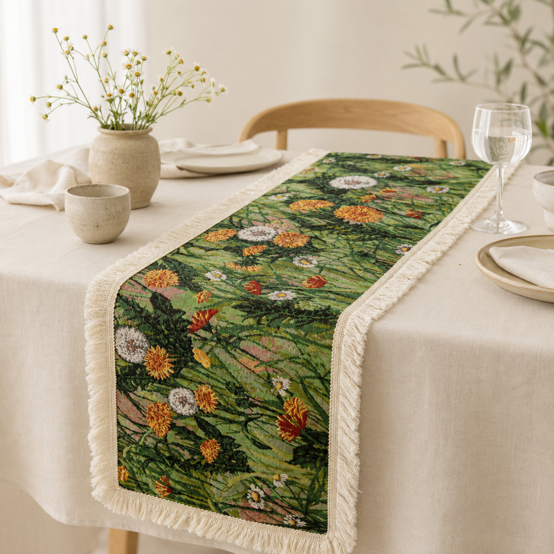 CouldNook French Dandelion Pattern Table Runner - Elegant Tassel Decor
