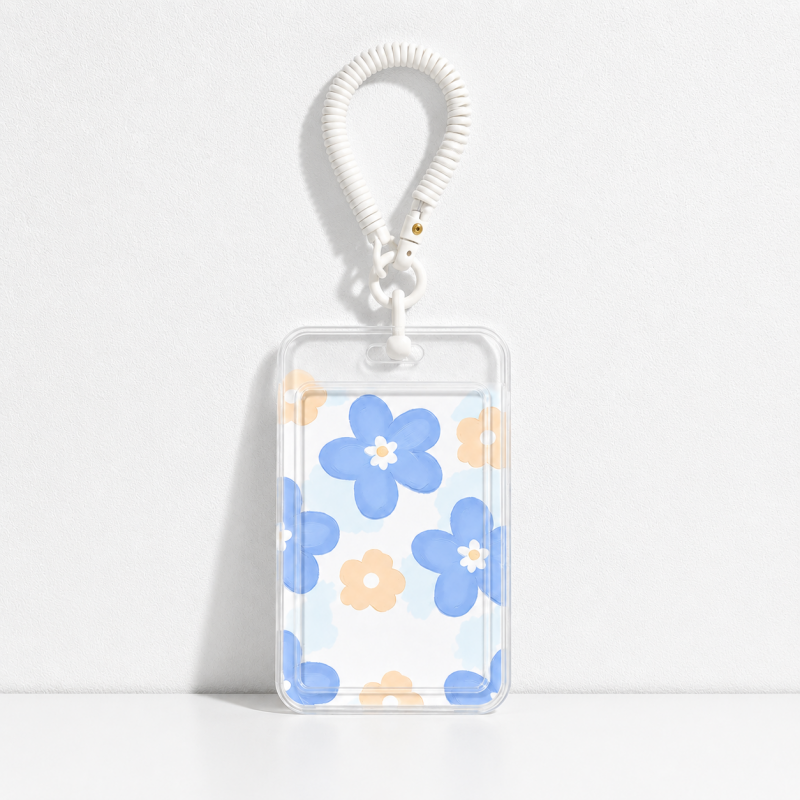Cute Oil Painting Flower Card Holder with Keychain/Lanyard, Cartoon ID Card Case for Students & Kids