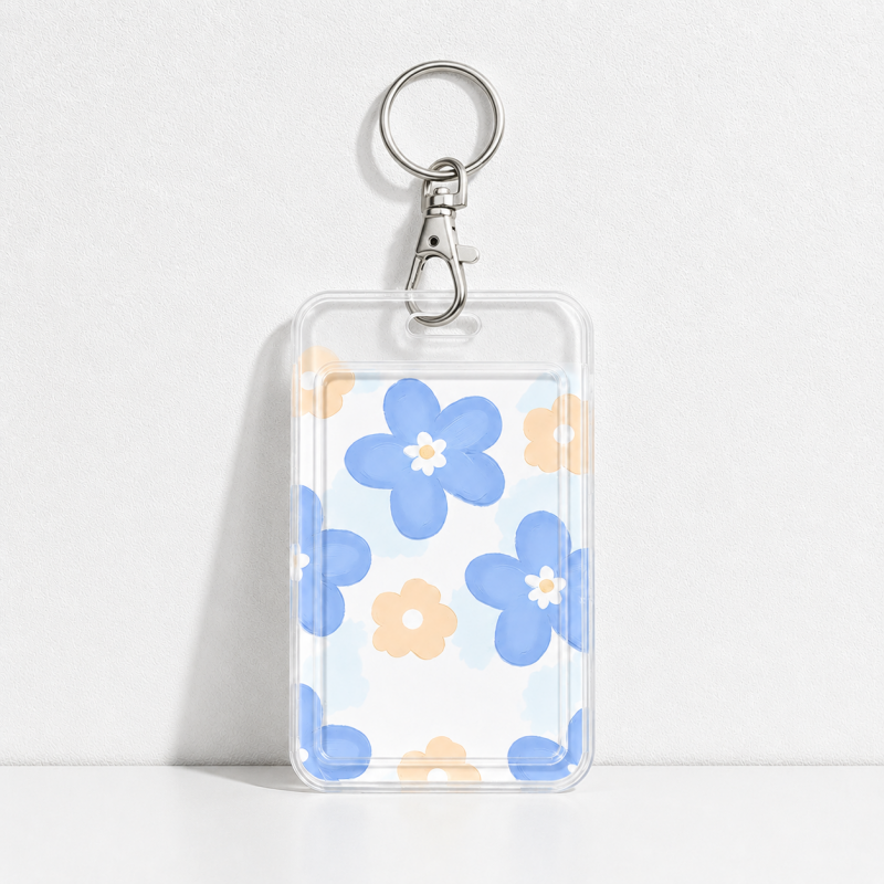 Cute Oil Painting Flower Card Holder with Keychain/Lanyard, Cartoon ID Card Case for Students & Kids