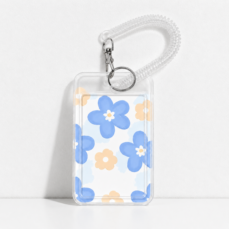 Cute Oil Painting Flower Card Holder with Keychain/Lanyard, Cartoon ID Card Case for Students & Kids