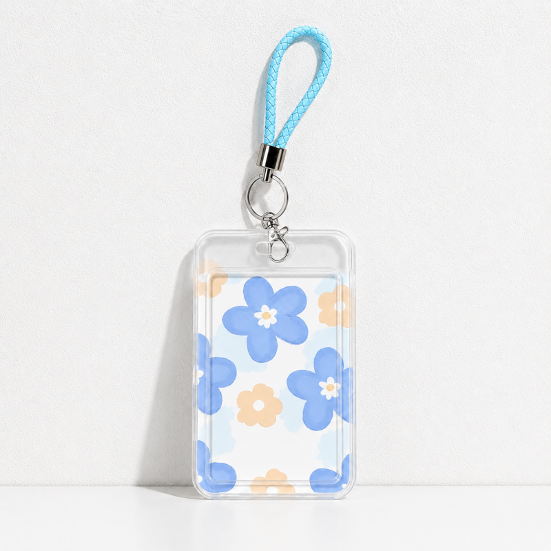 Cute Oil Painting Flower Card Holder with Keychain/Lanyard, Cartoon ID Card Case for Students & Kids