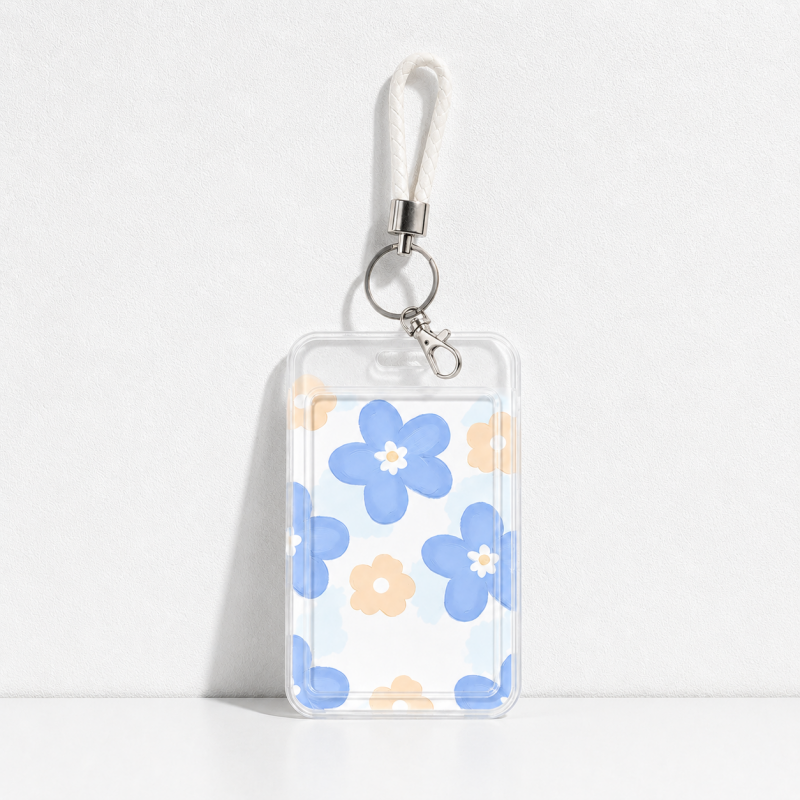 Cute Oil Painting Flower Card Holder with Keychain/Lanyard, Cartoon ID Card Case for Students & Kids