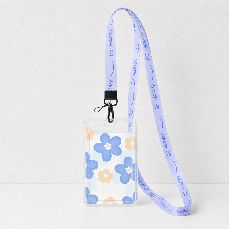 Cute Oil Painting Flower Card Holder with Keychain/Lanyard, Cartoon ID Card Case for Students & Kids