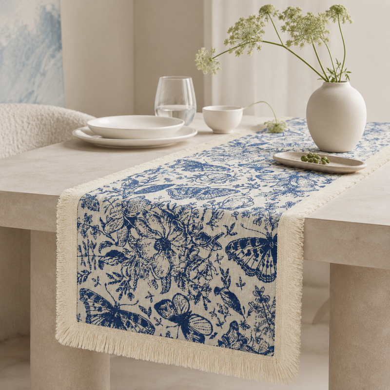 CouldNook French Butterfly Pattern Table Runner - Elegant Tassel Decor