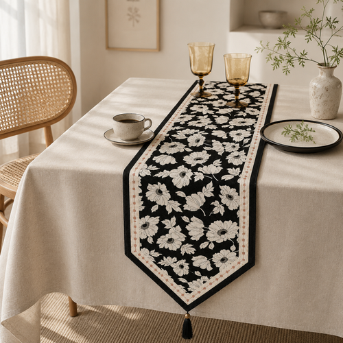 CouldNook Black White Floral Faux Linen Tassel Table Runner - Warm Minimalist Home Decor