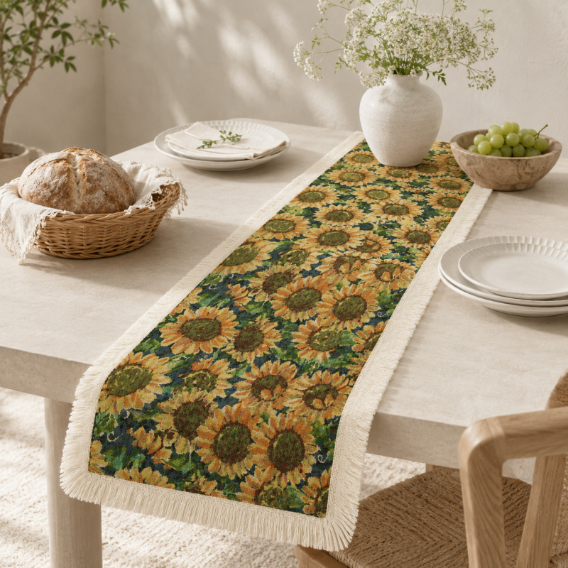 CouldNook French Sunflower Pattern Table Runner - Elegant Tassel Decor