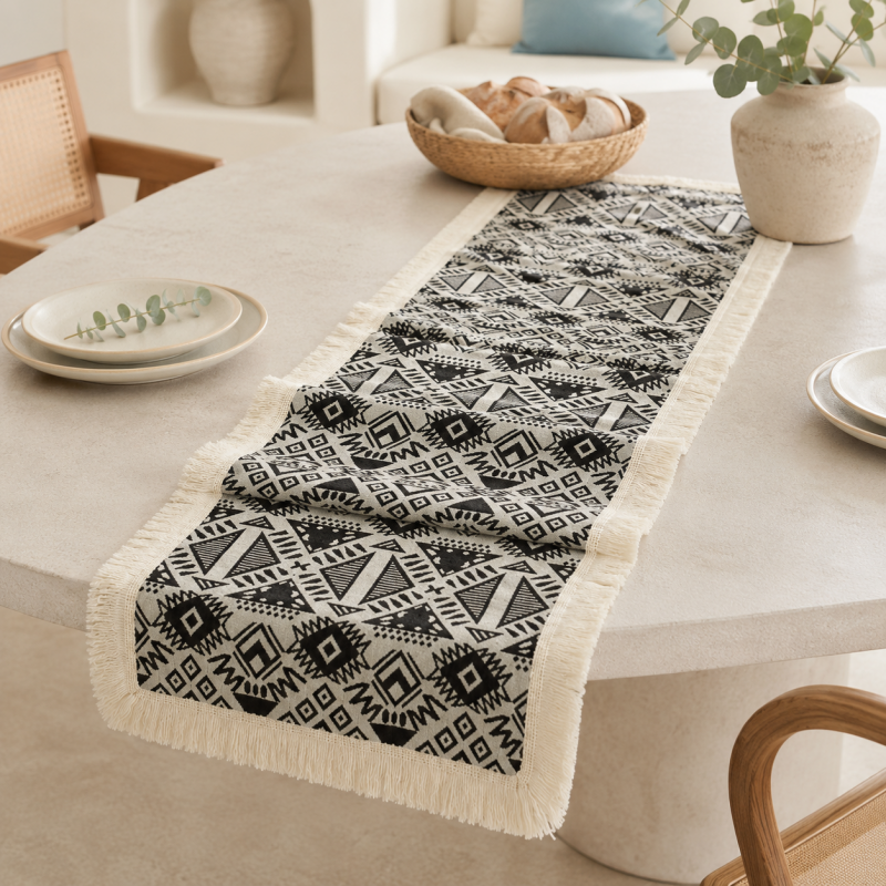 CouldNook French Geometric Pattern Table Runner - Elegant Tassel Decor