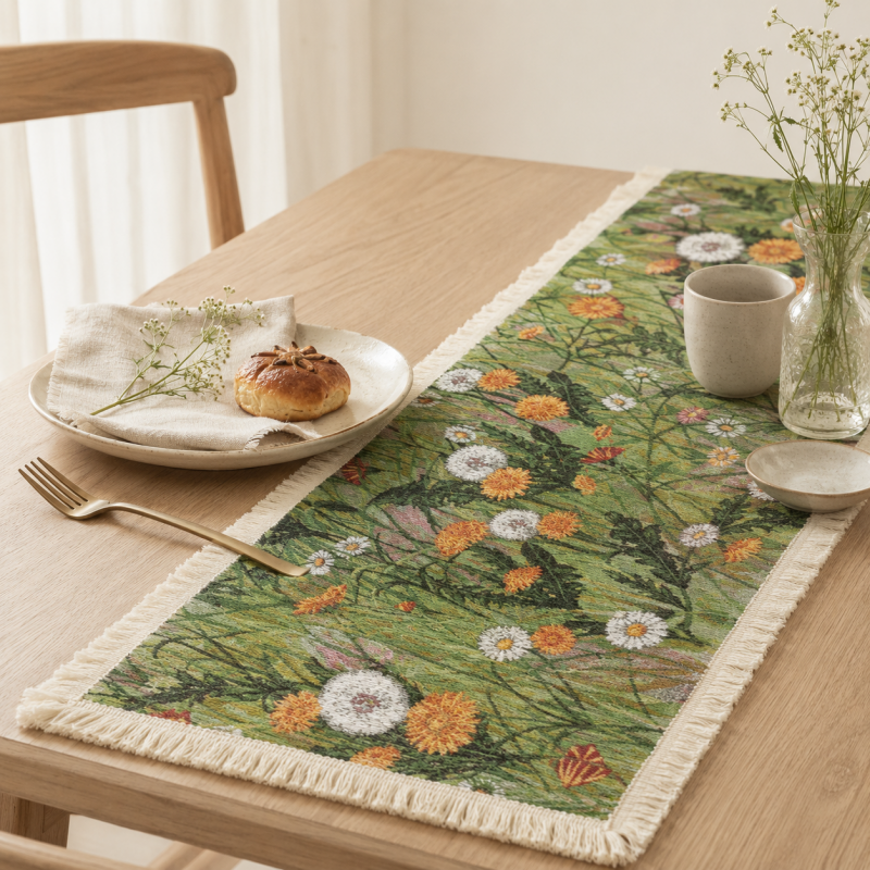 CouldNook French Dandelion Pattern Table Runner - Elegant Tassel Decor