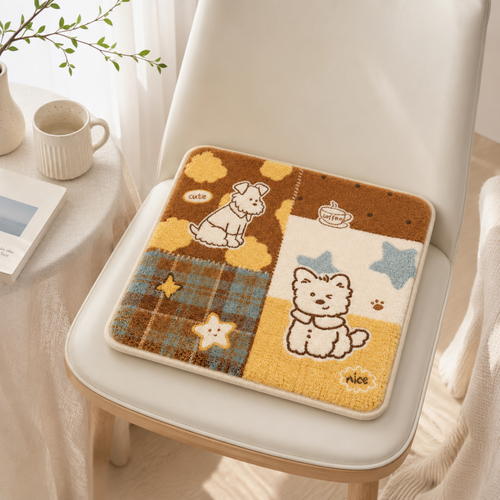 CouldNook Cartoon Dog Plaid Splicing Fleece Square Seat Chair Cushion- Non-Slip Winter Chair Pad