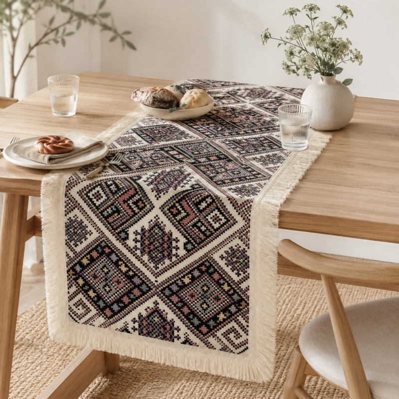 CouldNook French Geometric Pattern Table Runner - Elegant Tassel Decor