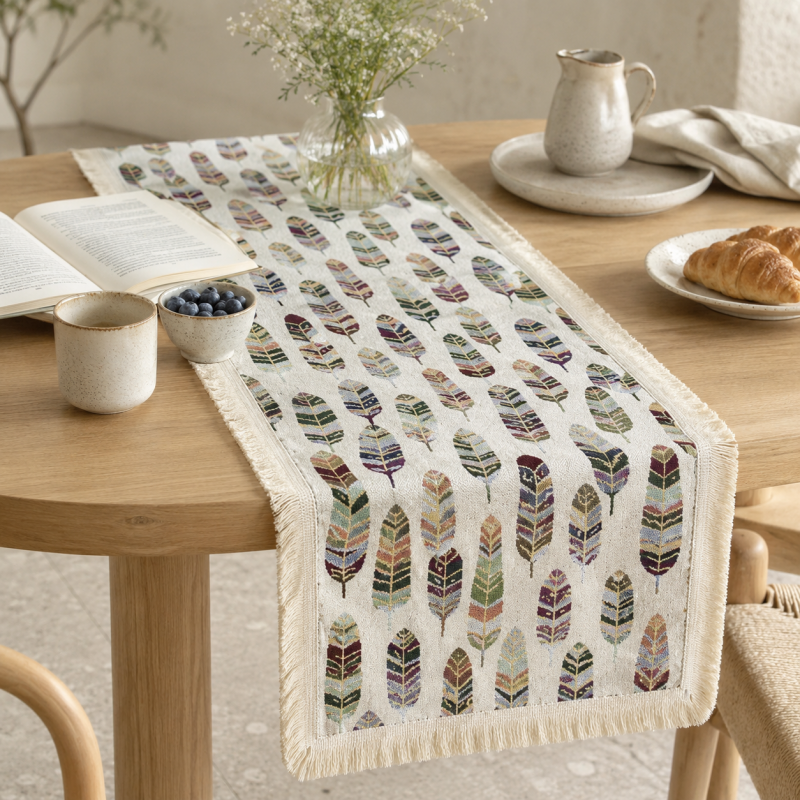 CouldNook French Feather Pattern Table Runner - Elegant Tassel Decor
