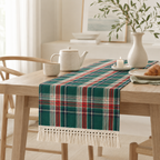 CouldNook Festive Plaid Fringe Edge Table Runner - Classic Red & Green Party Decor