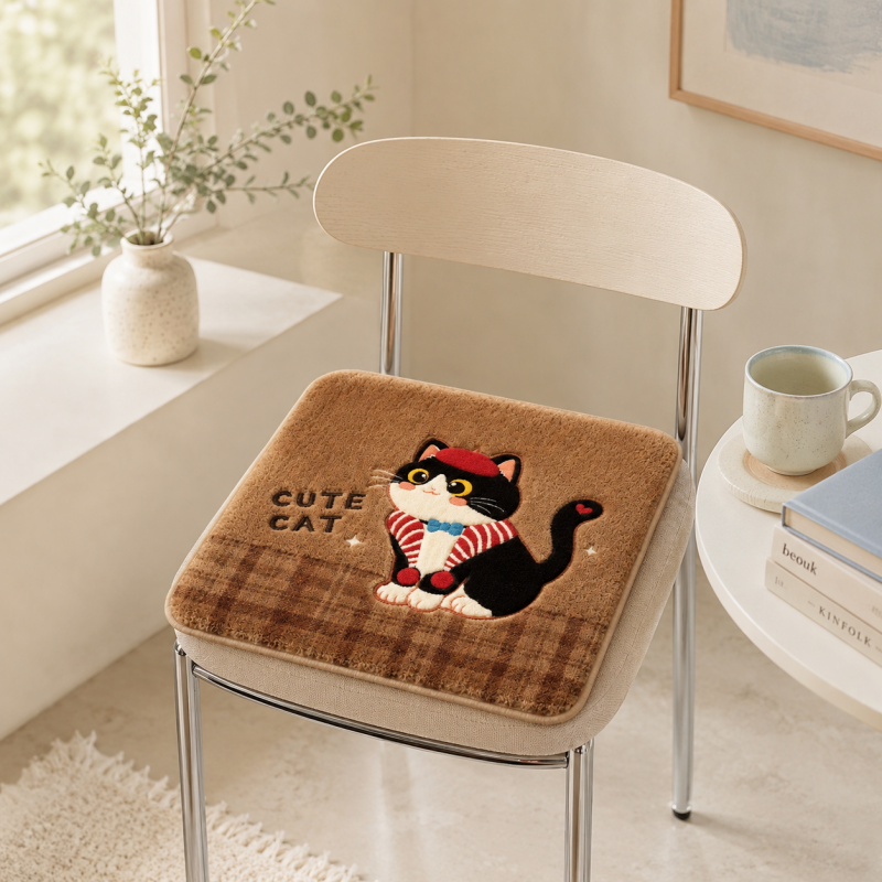 CouldNook Cartoon Beret Black White Cat Fleece Square Seat Chair Cushion- Non-Slip Winter Chair Pad