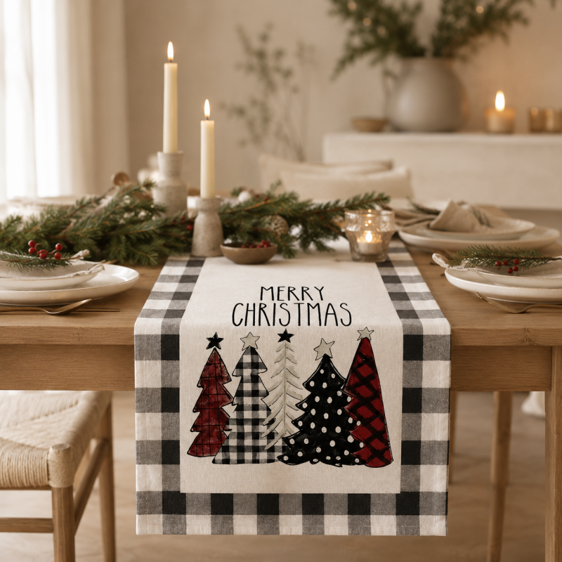 CouldNook Merry Christmas Tree Buffalo Plaid Table Runner - Holiday Decor