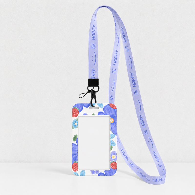 Cute Oil Painting Flower Card Holder with Keychain/Lanyard, Cartoon ID Card Case for Students & Kids