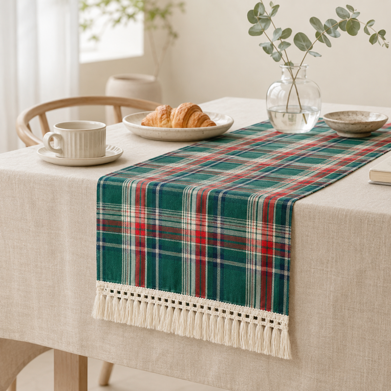 CouldNook Festive Plaid Fringe Edge Table Runner - Classic Red & Green Party Decor