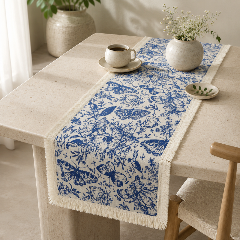 CouldNook French Butterfly Pattern Table Runner - Elegant Tassel Decor