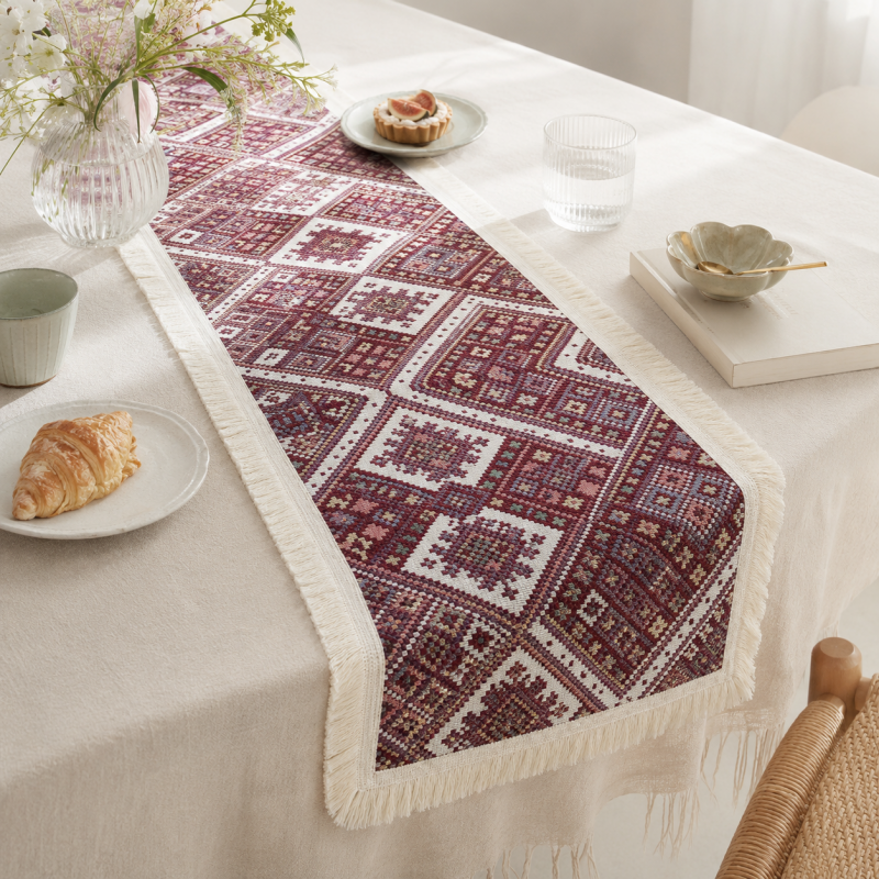 CouldNook French Geometric Pattern Table Runner - Elegant Tassel Decor