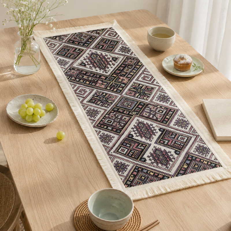 CouldNook French Geometric Pattern Table Runner - Elegant Tassel Decor