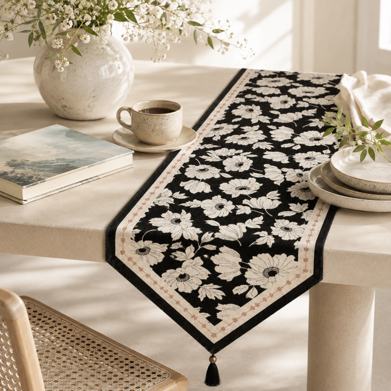 CouldNook Black White Floral Faux Linen Tassel Table Runner - Warm Minimalist Home Decor