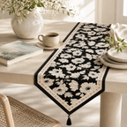 CouldNook Black White Floral Faux Linen Tassel Table Runner - Warm Minimalist Home Decor