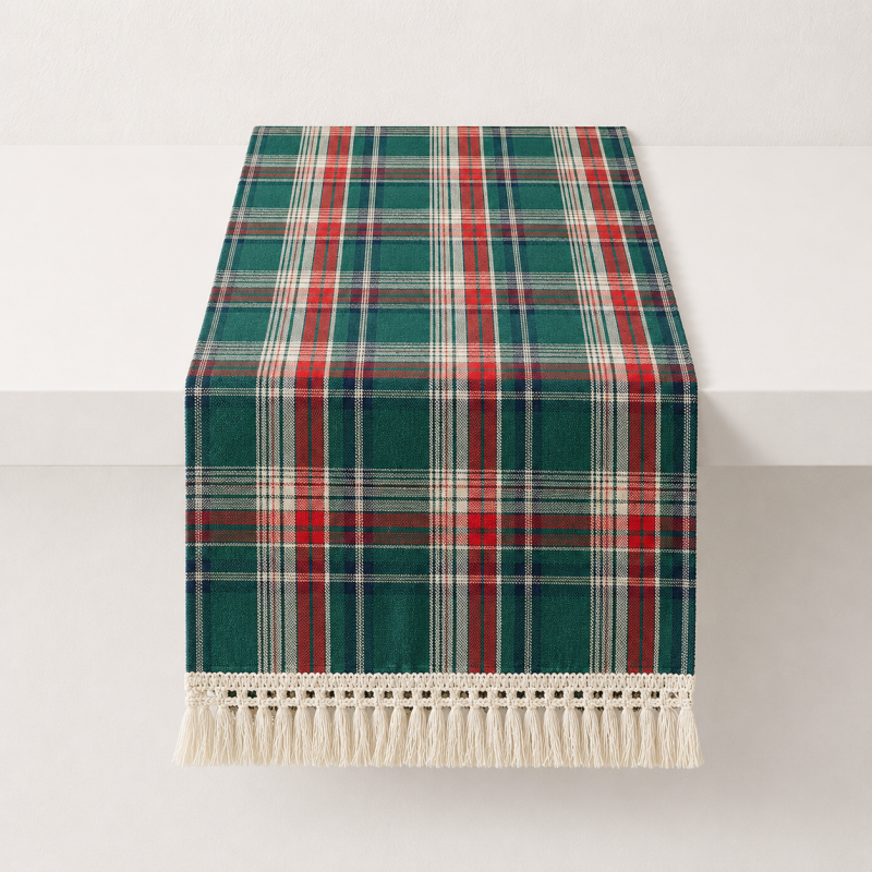 CouldNook Festive Plaid Fringe Edge Table Runner - Classic Red & Green Party Decor